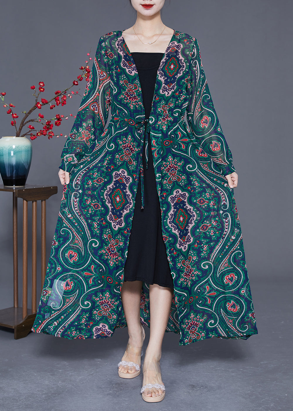 Bohemian Green Print Tie Waist Chiffon Long Cardigan Summer LY2326 - fabuloryshop