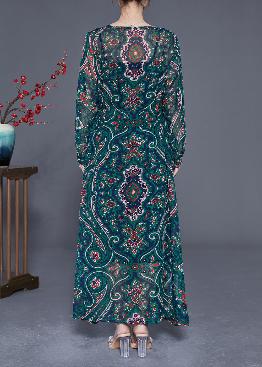 Bohemian Green Print Tie Waist Chiffon Long Cardigan Summer LY2326 - fabuloryshop