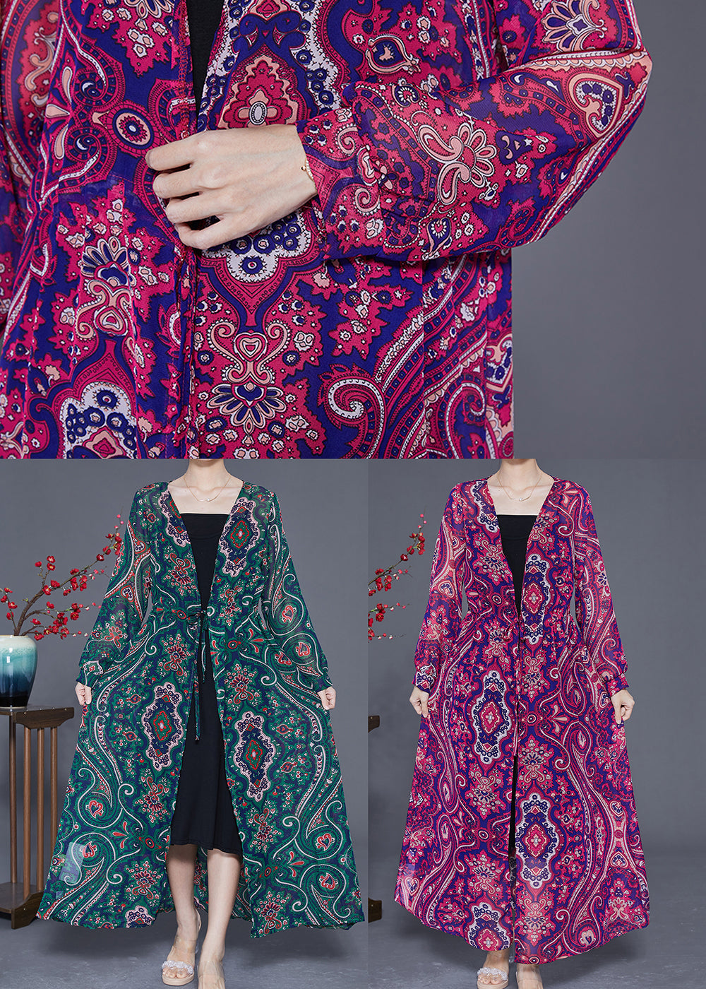 Bohemian Green Print Tie Waist Chiffon Long Cardigan Summer LY2326 - fabuloryshop