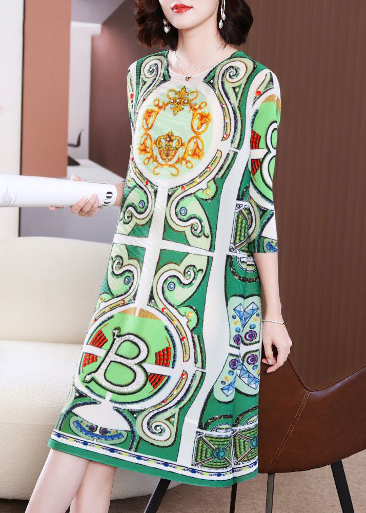 Bohemian Green Print Wrinkled A Liner Dress Bracelet Sleeve LY2792 - fabuloryshop