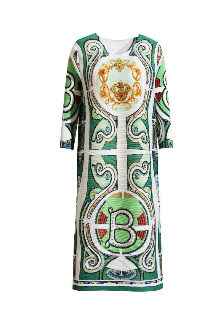 Bohemian Green Print Wrinkled A Liner Dress Bracelet Sleeve LY2792