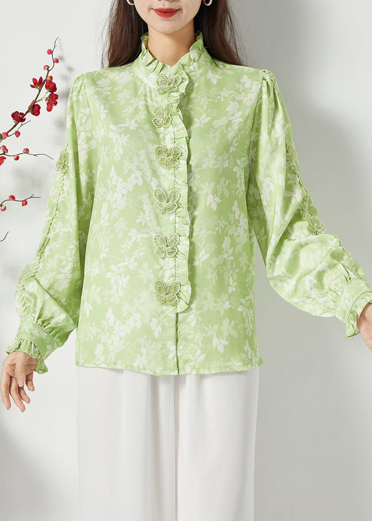 Bohemian Green Ruffled Print Butterfly Silk Tops Spring LY1119 - fabuloryshop