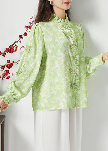 Bohemian Green Ruffled Print Butterfly Silk Tops Spring LC0389 - fabuloryshop