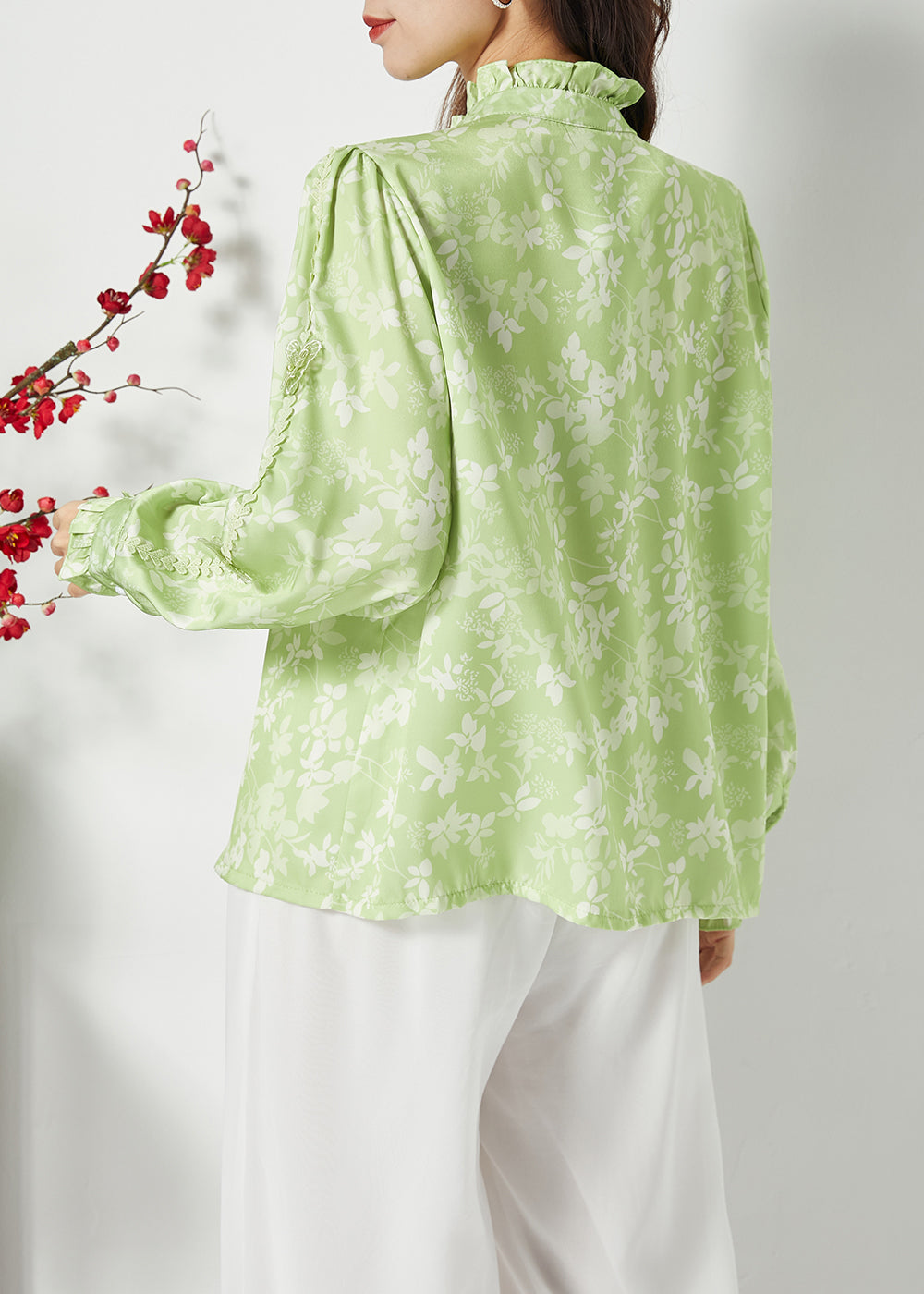 Bohemian Green Ruffled Print Butterfly Silk Tops Spring LY1119 - fabuloryshop