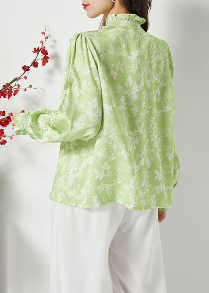 Bohemian Green Ruffled Print Butterfly Silk Tops Spring LY1119 - fabuloryshop