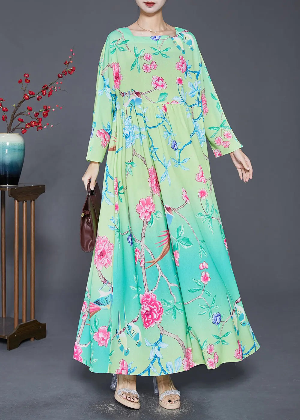 Bohemian Green Square Collar Print Silk Holiday Dresses Fall Ada Fashion