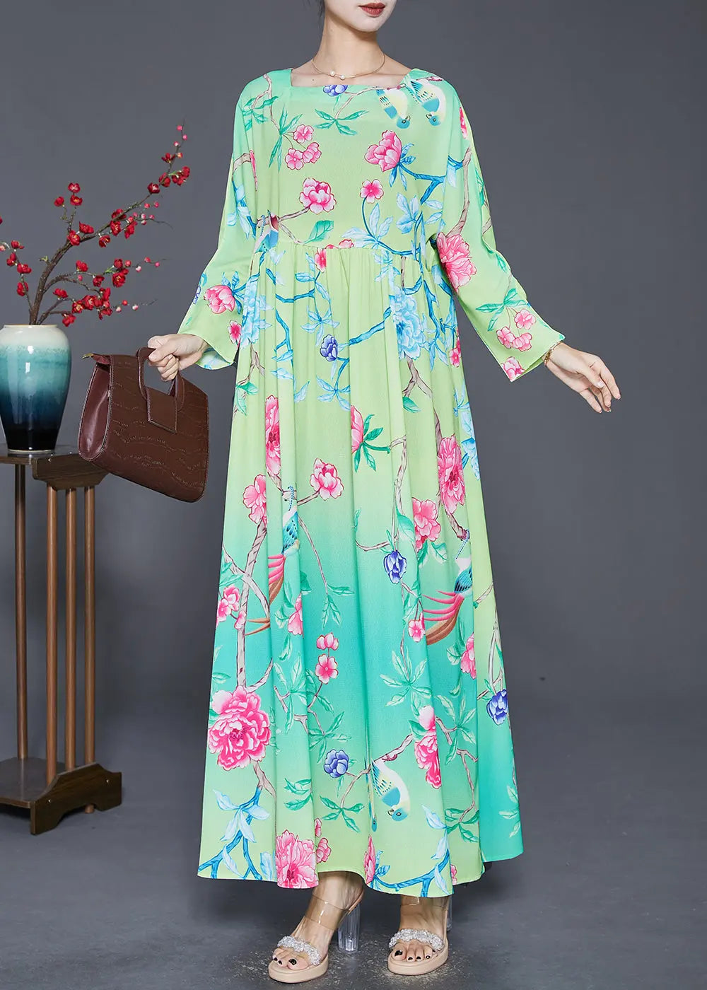 Bohemian Green Square Collar Print Silk Holiday Dresses Fall Ada Fashion