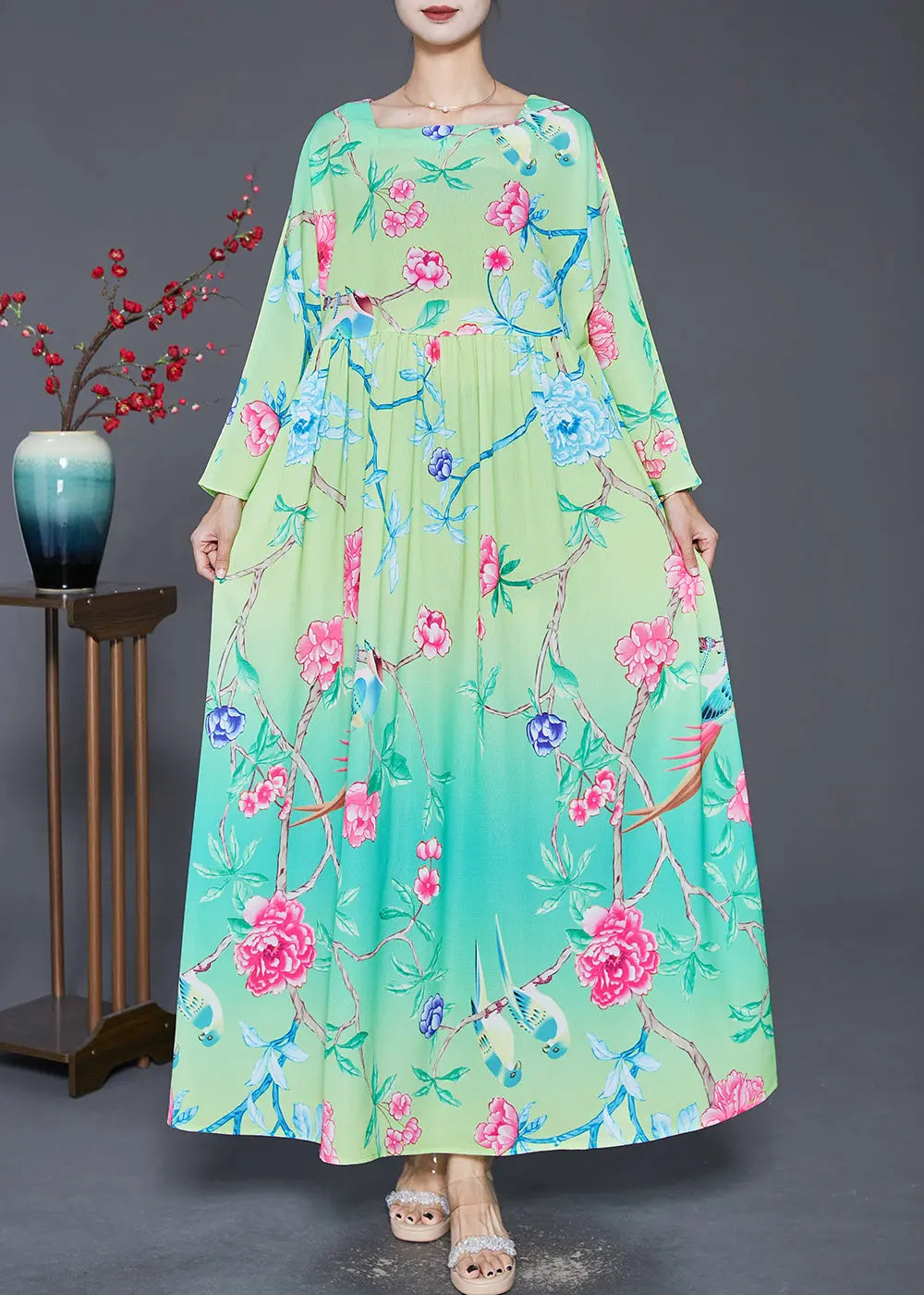 Bohemian Green Square Collar Print Silk Holiday Dresses Fall Ada Fashion