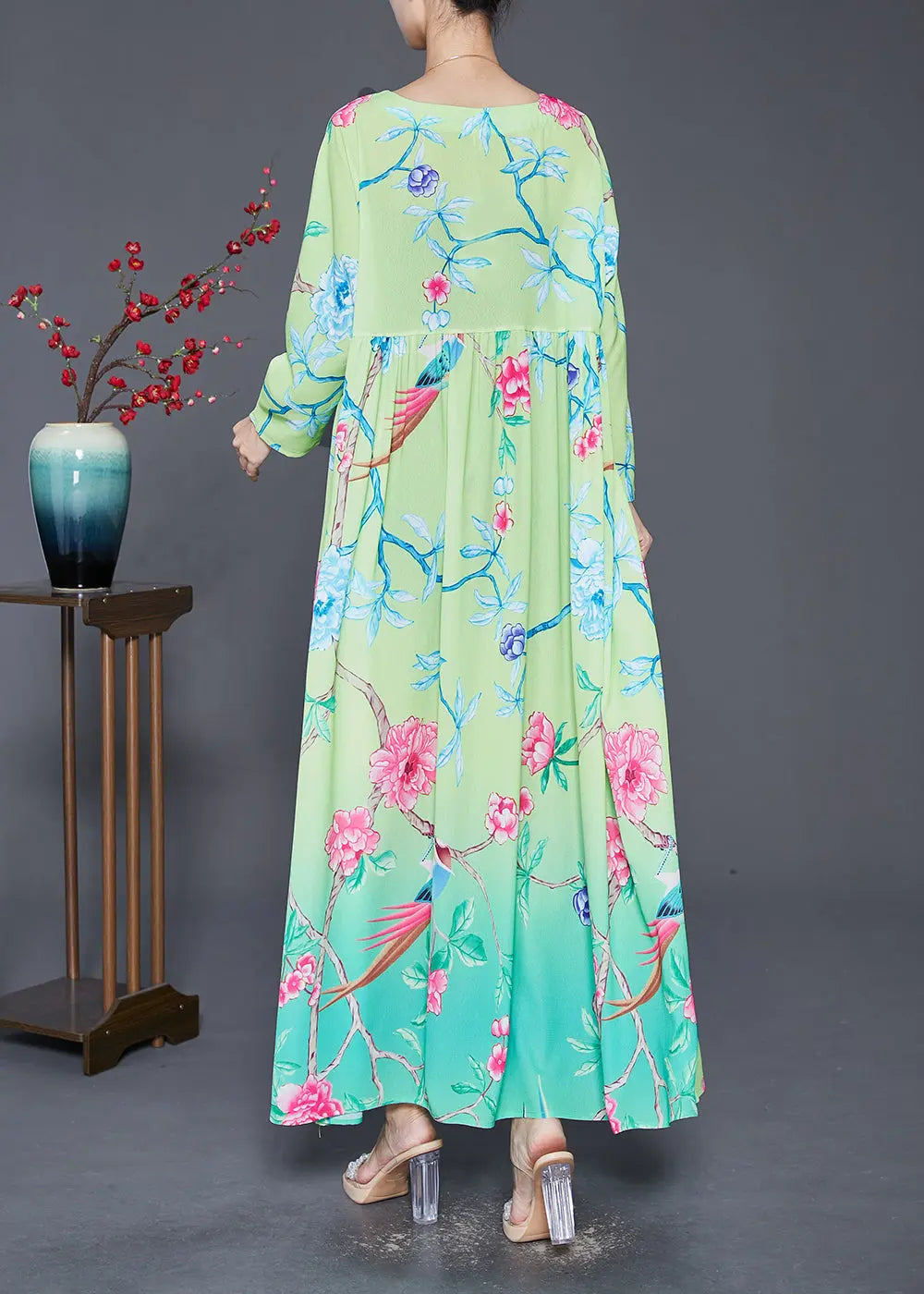 Bohemian Green Square Collar Print Silk Holiday Dresses Fall Ada Fashion