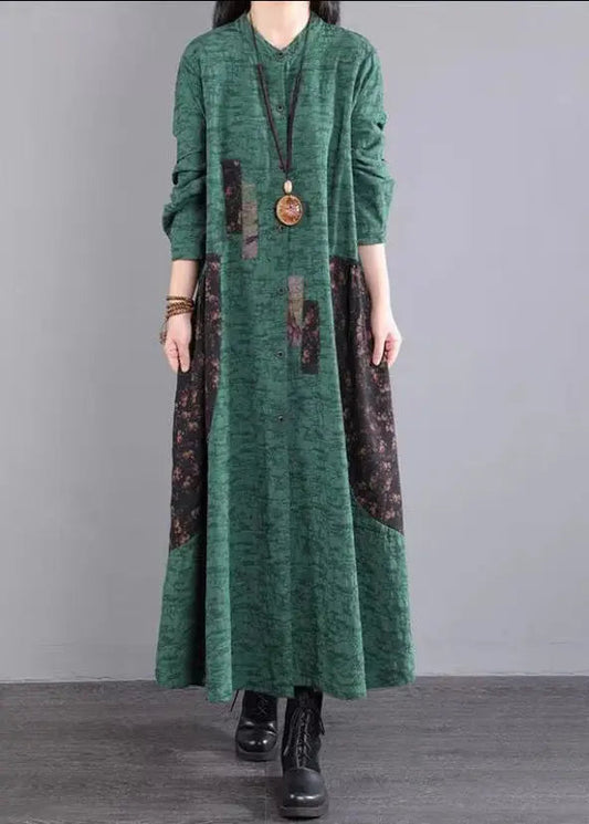 Bohemian Green Stand Collar Patchwork Cotton Long Dresses Fall Ada Fashion