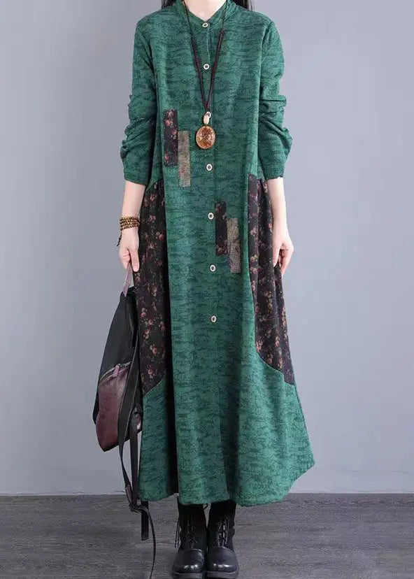 Bohemian Green Stand Collar Patchwork Cotton Long Dresses Fall Ada Fashion