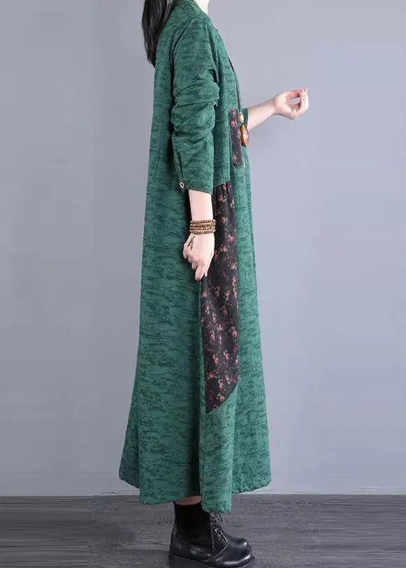 Bohemian Green Stand Collar Patchwork Cotton Long Dresses Fall Ada Fashion