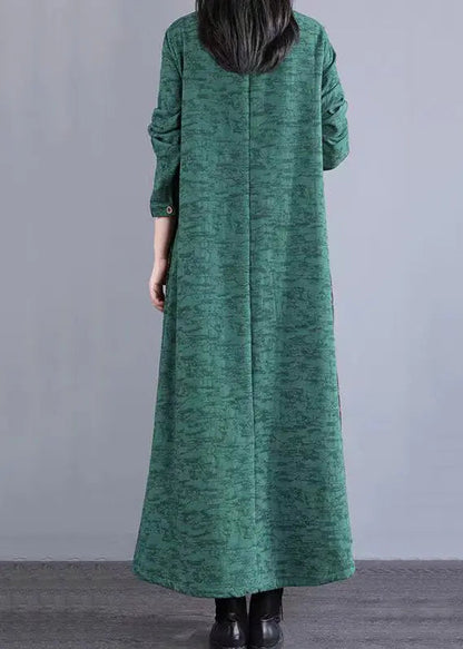 Bohemian Green Stand Collar Patchwork Cotton Long Dresses Fall Ada Fashion