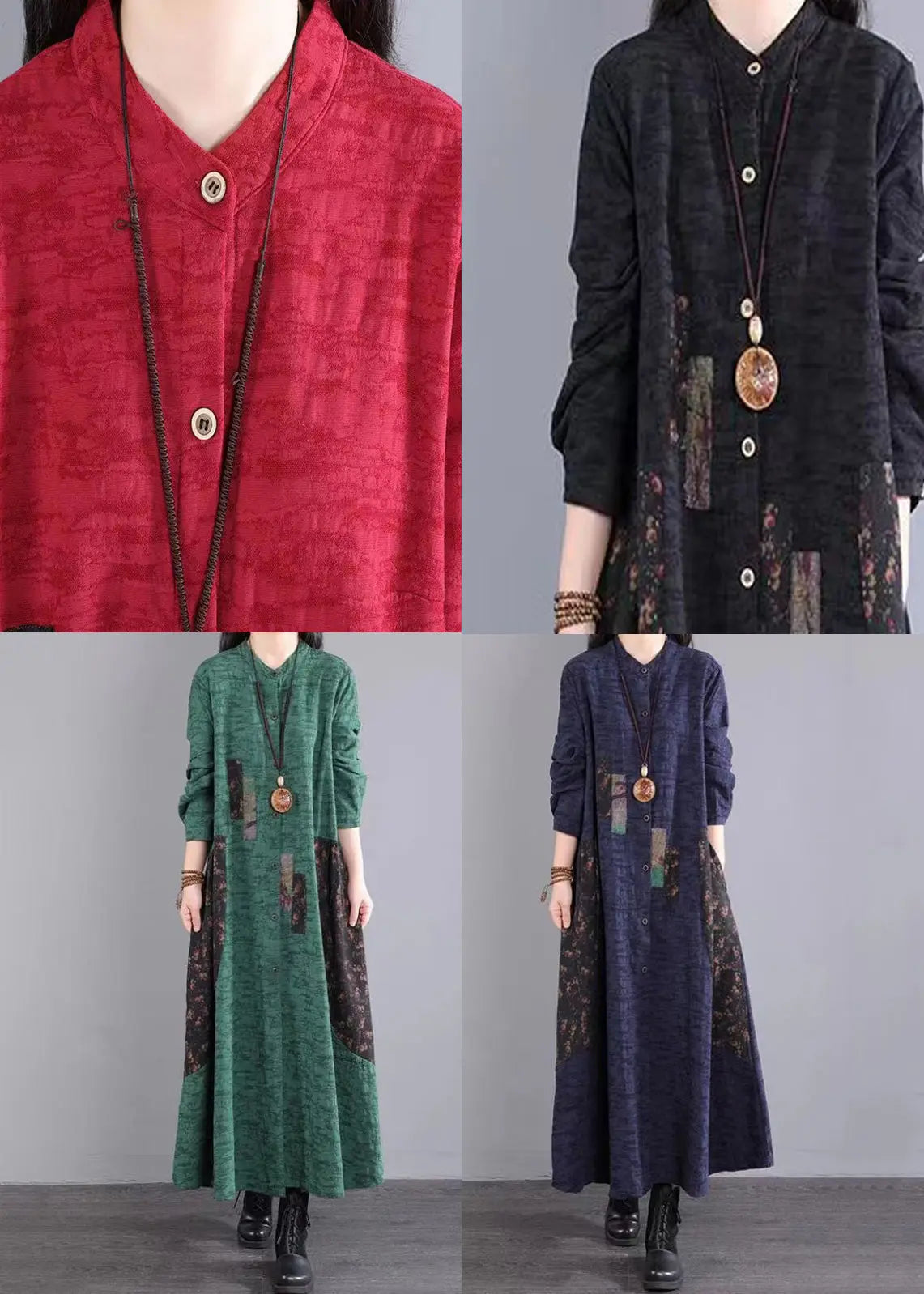 Bohemian Green Stand Collar Patchwork Cotton Long Dresses Fall Ada Fashion