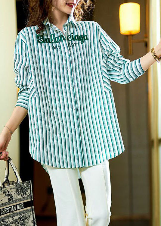 Bohemian Green Striped Graphic Patchwork Cotton Shirts Spring LY3863 - fabuloryshop