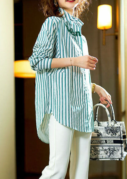 Bohemian Green Striped Graphic Patchwork Cotton Shirts Spring LY3863 - fabuloryshop