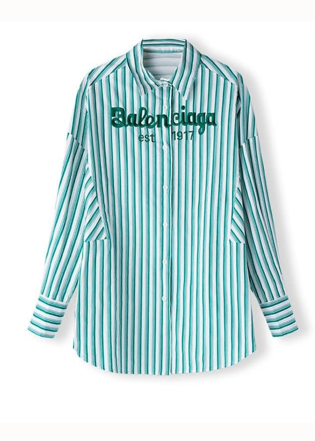 Bohemian Green Striped Graphic Patchwork Cotton Shirts Spring LY3863 - fabuloryshop