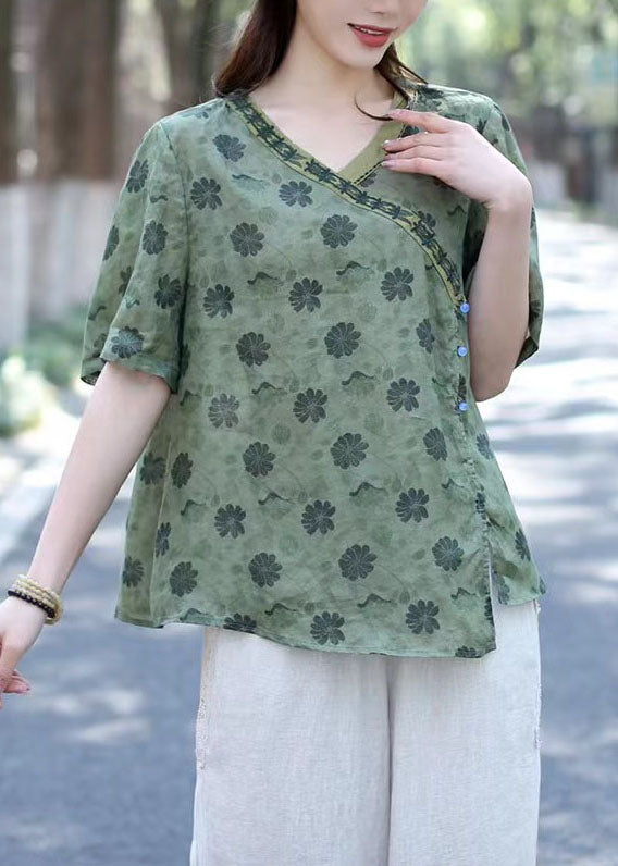 Bohemian Green V Neck Print Patchwork Linen Shirts Summer Ada Fashion