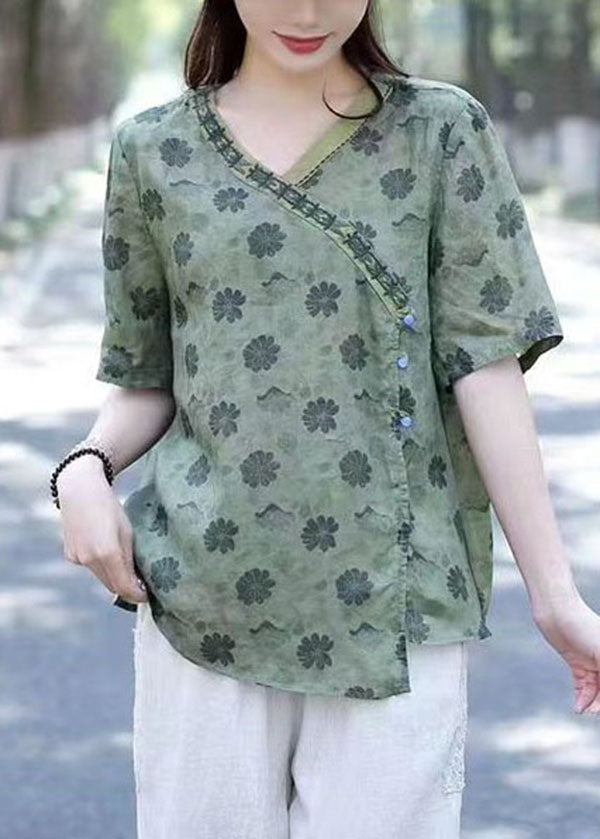 Bohemian Green V Neck Print Patchwork Linen Shirts Summer Ada Fashion