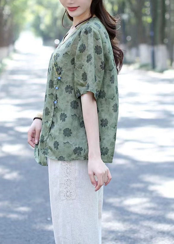 Bohemian Green V Neck Print Patchwork Linen Shirts Summer Ada Fashion