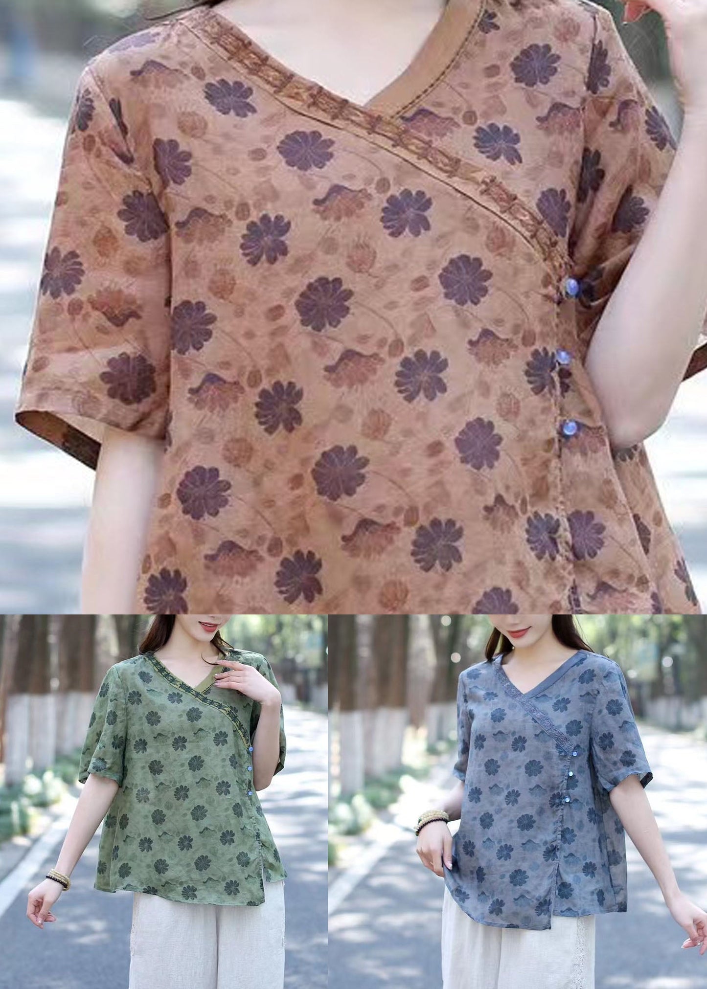 Bohemian Green V Neck Print Patchwork Linen Shirts Summer Ada Fashion