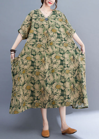 Bohemian Green V Neck Print Wrinkled Holiday Long Dress Summer Ada Fashion