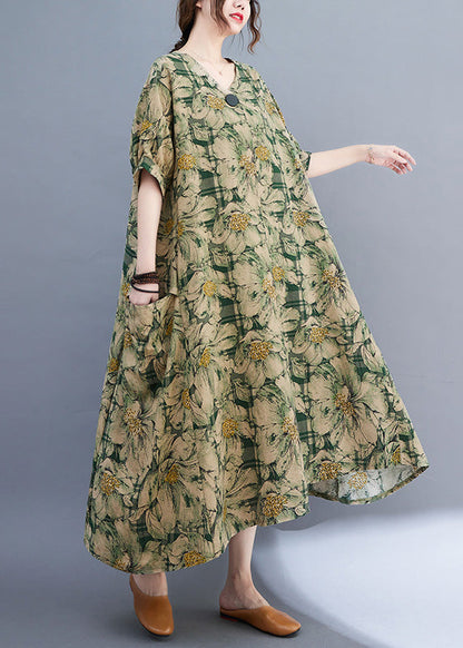 Bohemian Green V Neck Print Wrinkled Holiday Long Dress Summer Ada Fashion