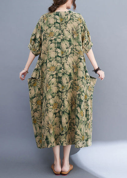 Bohemian Green V Neck Print Wrinkled Holiday Long Dress Summer Ada Fashion