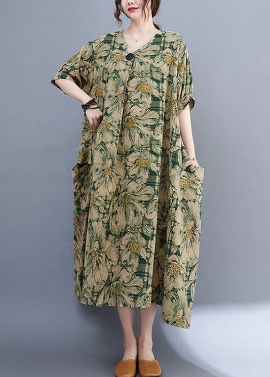 Bohemian Green V Neck Print Wrinkled Holiday Long Dress Summer Ada Fashion