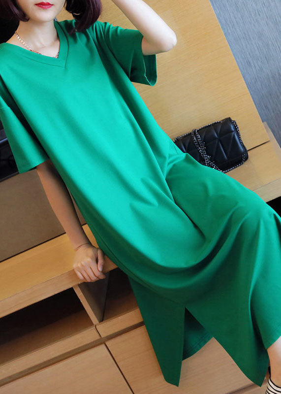 Bohemian Green V Neck Side Open Cotton Long Dress Summer LY1447 - fabuloryshop