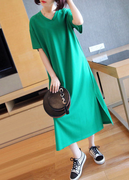 Bohemian Green V Neck Side Open Cotton Long Dress Summer LY1447 - fabuloryshop