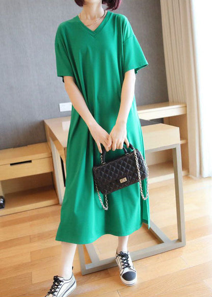 Bohemian Green V Neck Side Open Cotton Long Dress Summer LY1447 - fabuloryshop