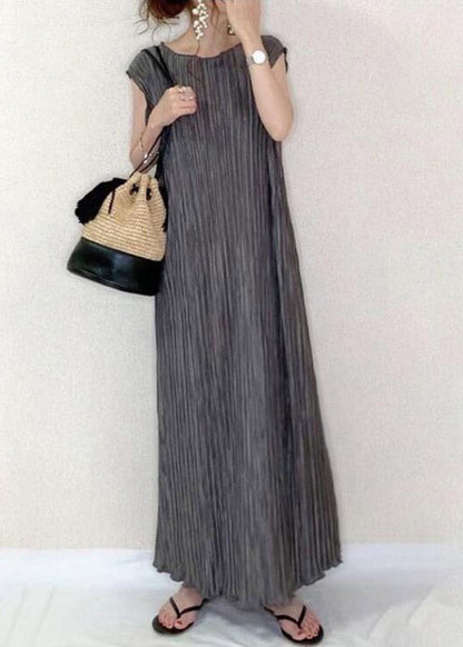 Bohemian Grey O-Neck Long Pleated Dress Summer LY2056 - fabuloryshop