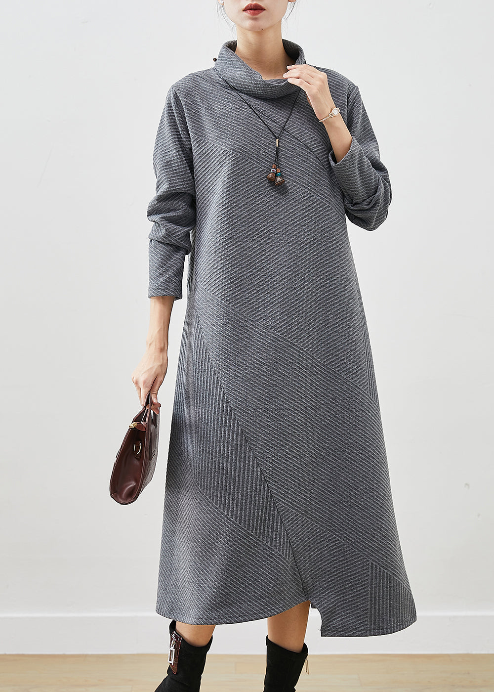 Bohemian Grey Turtle Neck Cotton Vacation Dresses Fall Ada Fashion