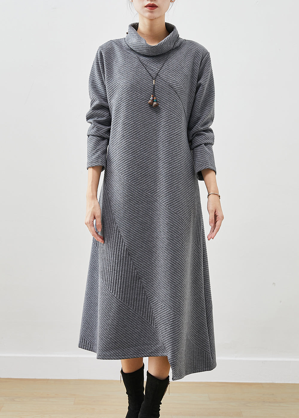 Bohemian Grey Turtle Neck Cotton Vacation Dresses Fall Ada Fashion