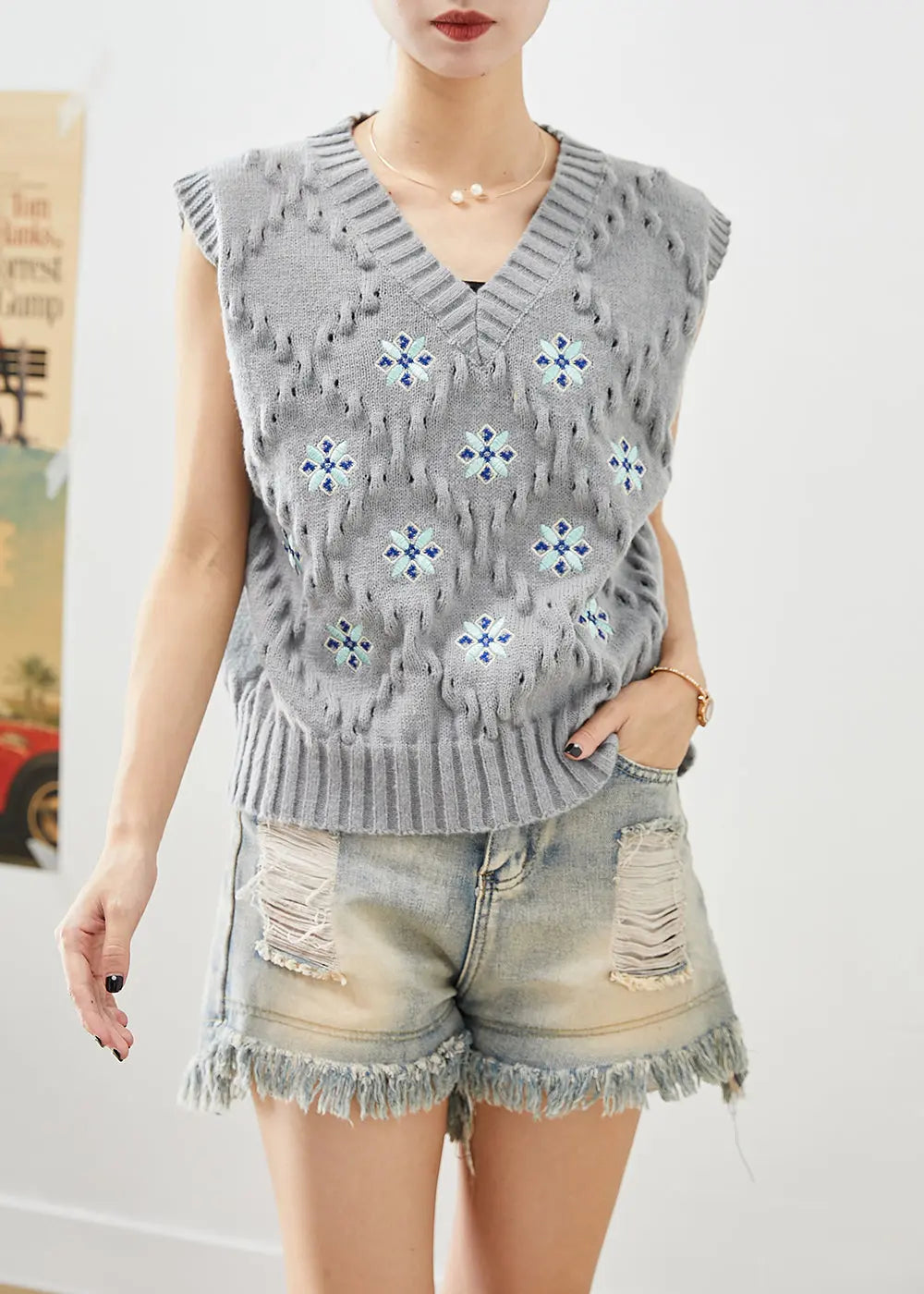 Bohemian Grey V Neck Embroideried Knit Vest Fall Ada Fashion