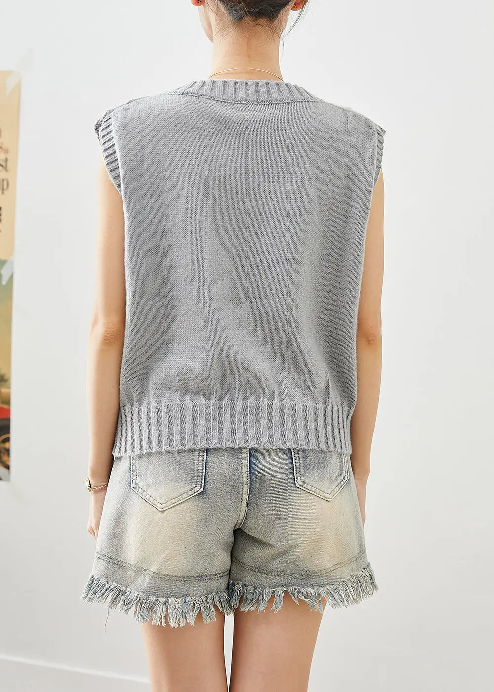 Bohemian Grey V Neck Embroideried Knit Vest Fall Ada Fashion