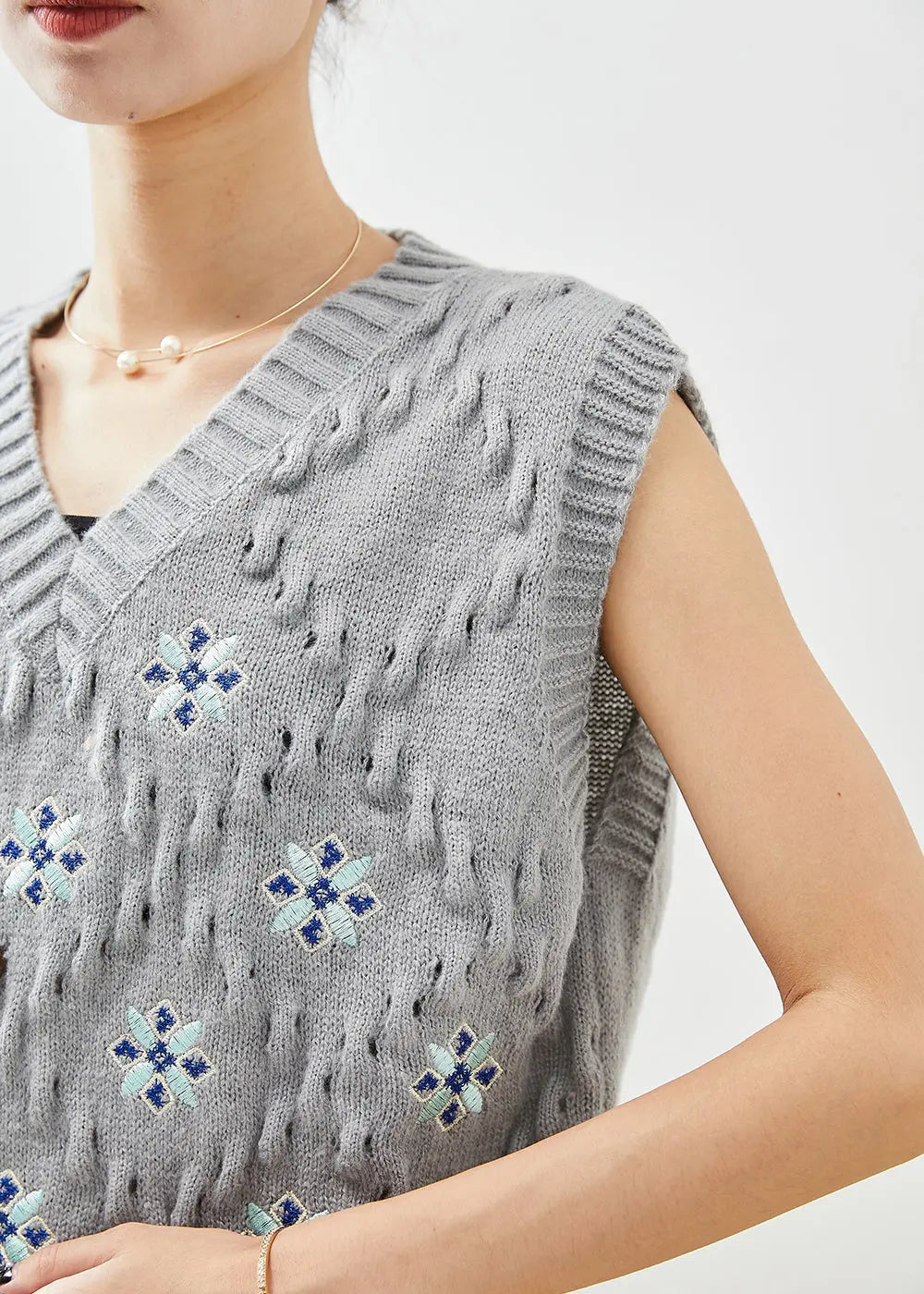 Bohemian Grey V Neck Embroideried Knit Vest Fall Ada Fashion