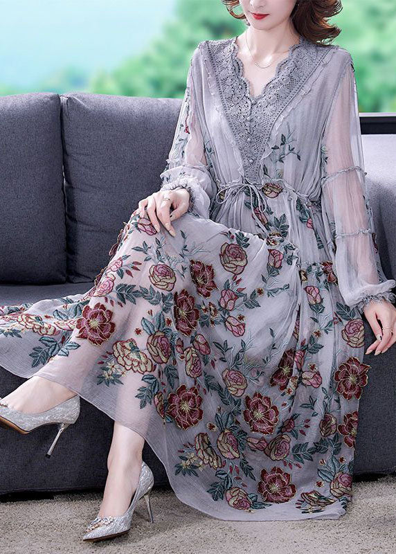 Bohemian Grey V Neck Patchwork Embroideried Tulle Cinched Dress Spring TH1031 - fabuloryshop