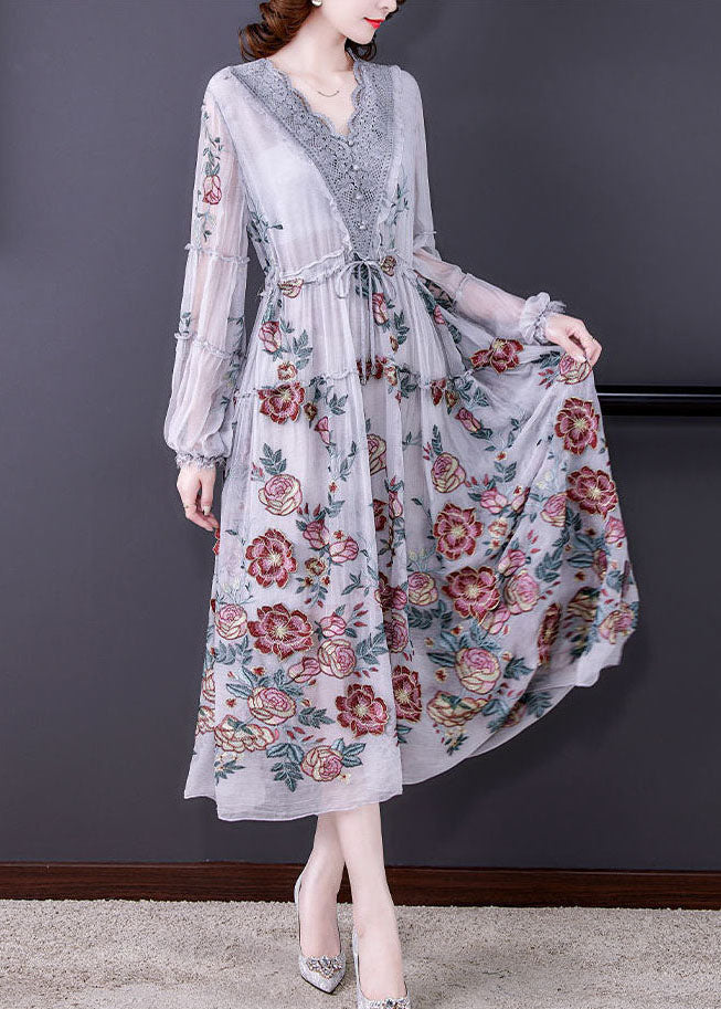 Bohemian Grey V Neck Patchwork Embroideried Tulle Cinched Dress Spring TH1031 - fabuloryshop