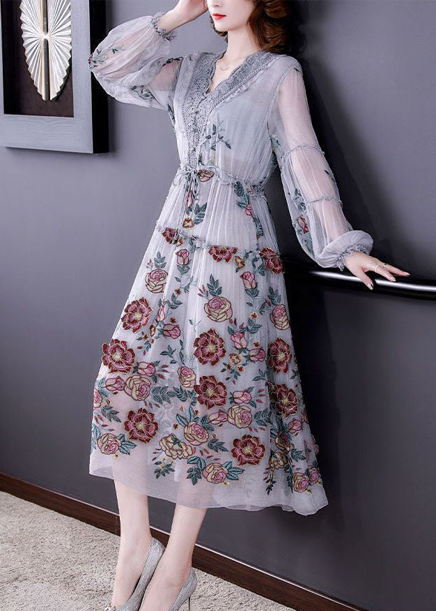 Bohemian Grey V Neck Patchwork Embroideried Tulle Cinched Dress Spring TH1031 - fabuloryshop