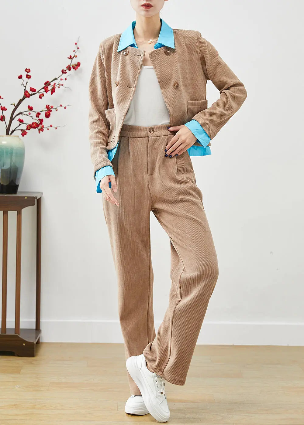 Bohemian Khaki Double Breast Patchwork Corduroy Two Pieces Set Fall Ada Fashion