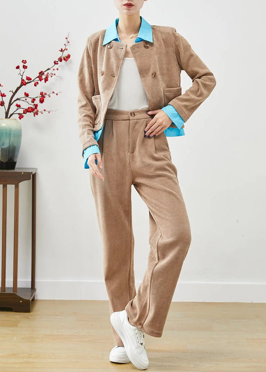 Bohemian Khaki Double Breast Patchwork Corduroy Two Pieces Set Fall Ada Fashion