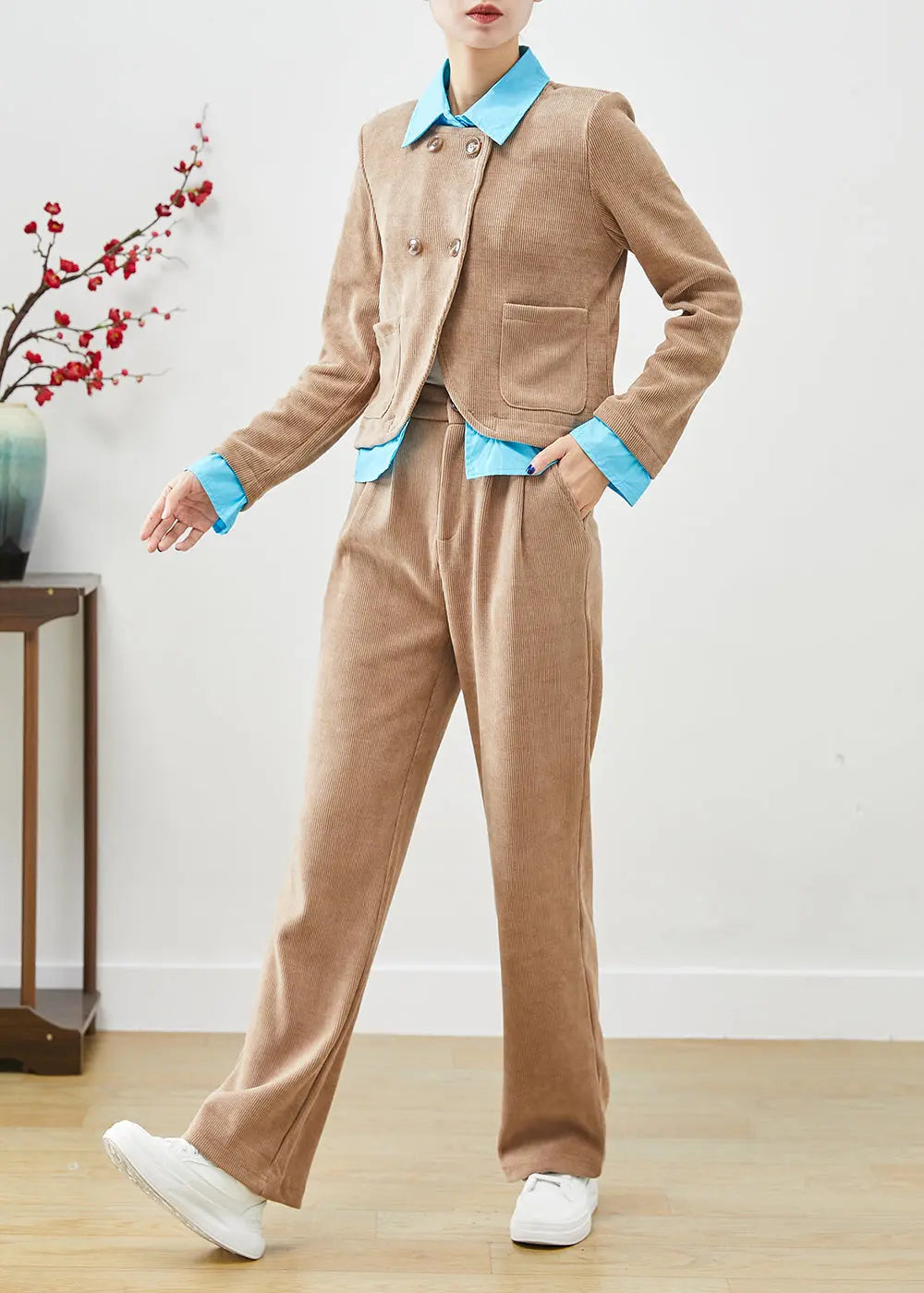 Bohemian Khaki Double Breast Patchwork Corduroy Two Pieces Set Fall Ada Fashion