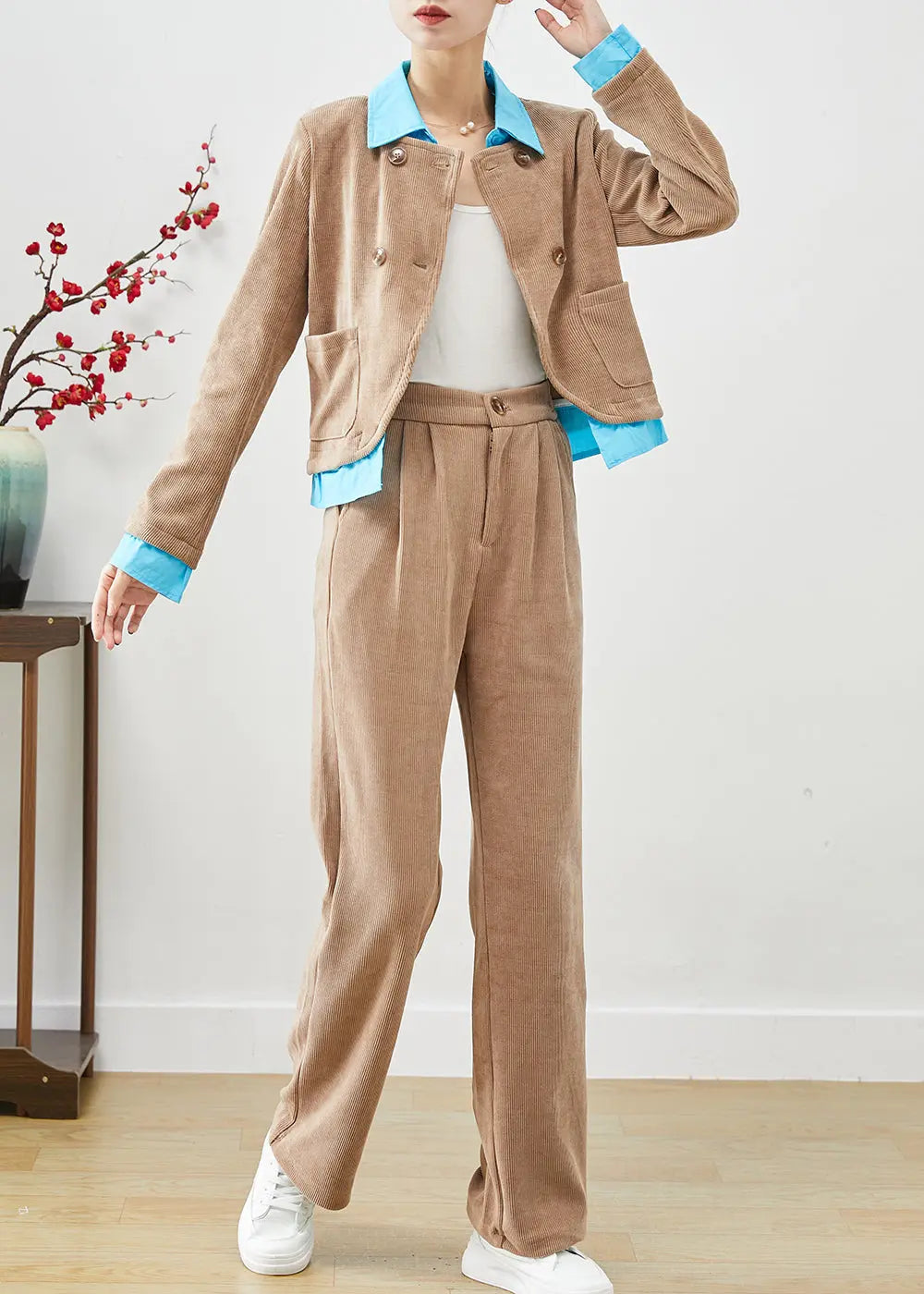 Bohemian Khaki Double Breast Patchwork Corduroy Two Pieces Set Fall Ada Fashion