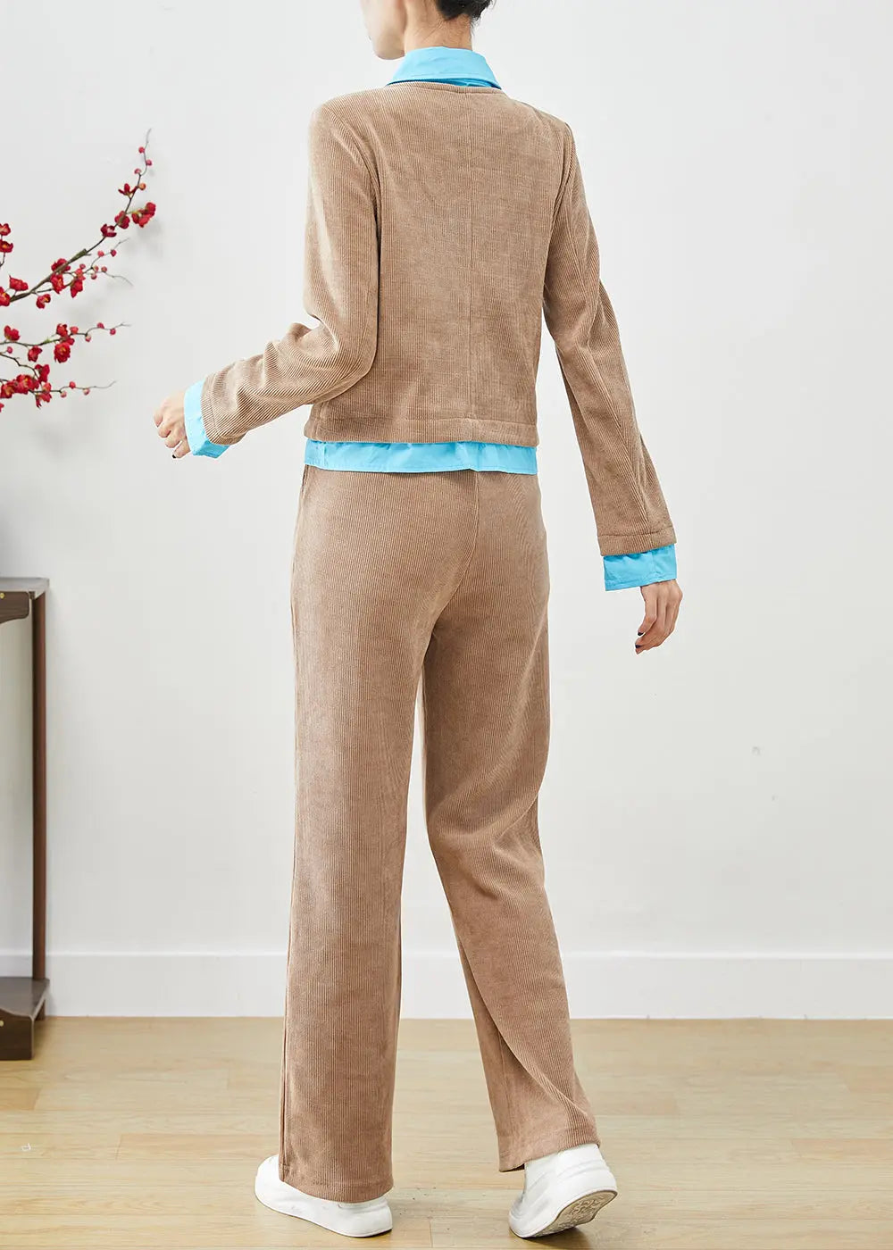 Bohemian Khaki Double Breast Patchwork Corduroy Two Pieces Set Fall Ada Fashion