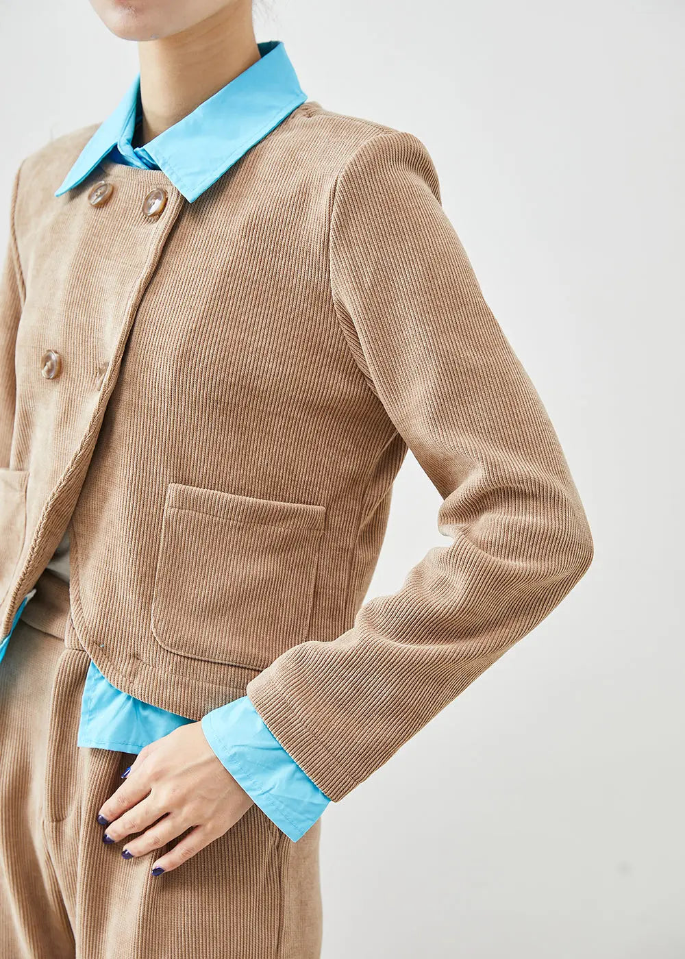 Bohemian Khaki Double Breast Patchwork Corduroy Two Pieces Set Fall Ada Fashion