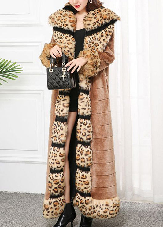 Bohemian Khaki Fox Collar Patchwork Leopard Faux Fur Coat Winter Ada Fashion