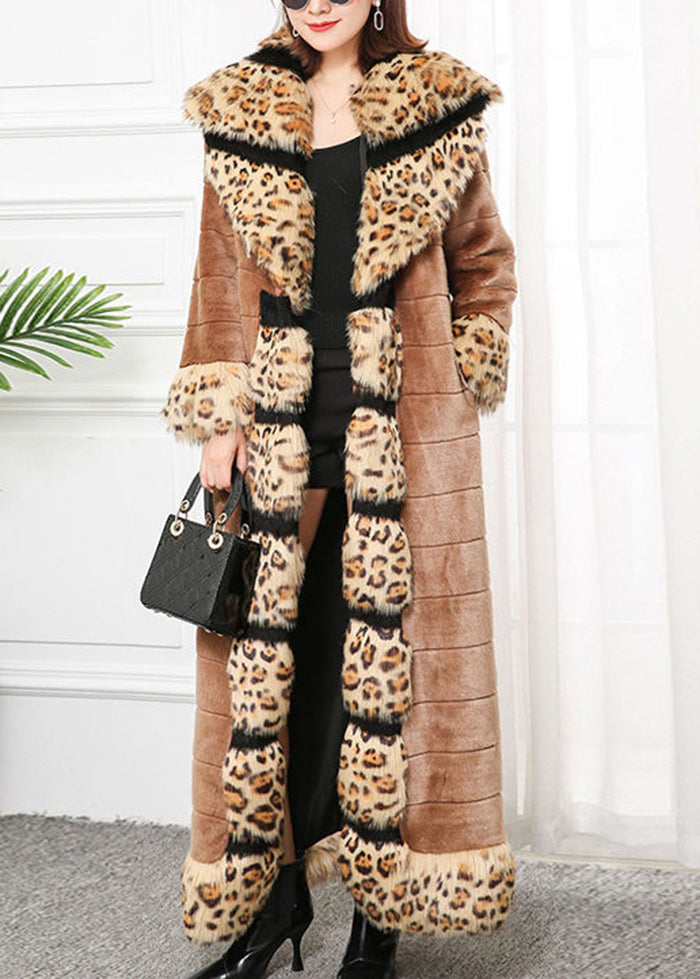 Bohemian Khaki Fox Collar Patchwork Leopard Faux Fur Coat Winter Ada Fashion