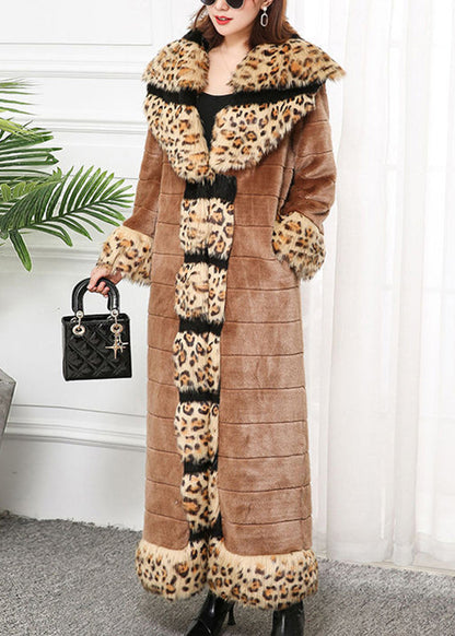 Bohemian Khaki Fox Collar Patchwork Leopard Faux Fur Coat Winter Ada Fashion